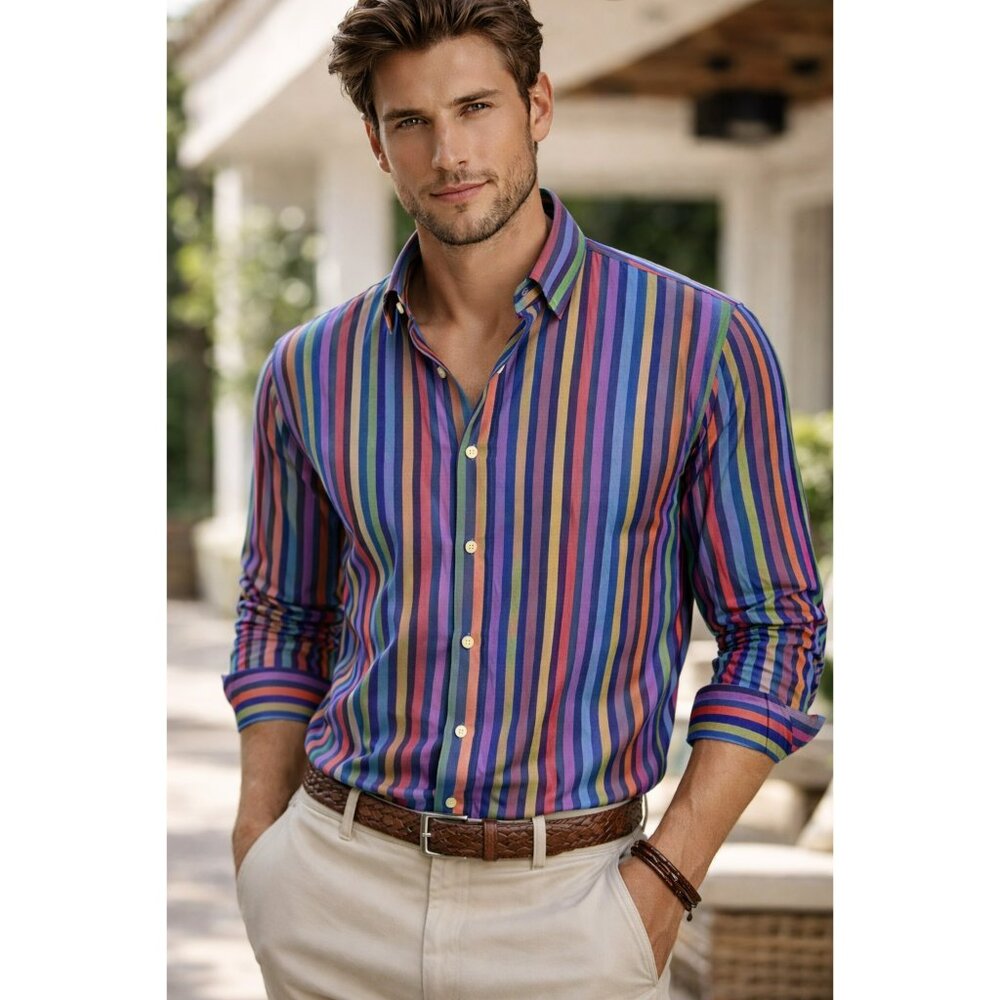Vintage Luciano Visconti Multicolor Stripe Button Down Shirt M 90s Art Deco Miam
